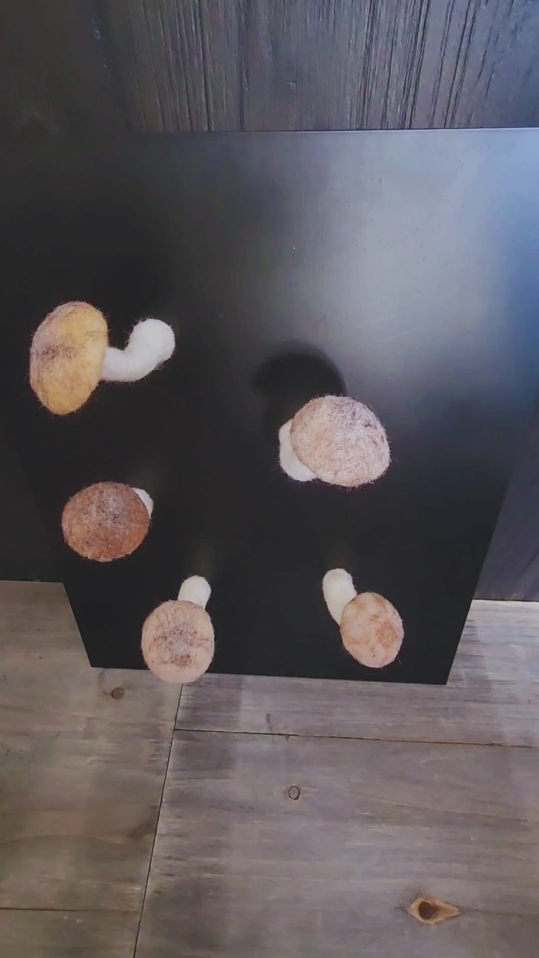 A person demonstrates handmade felted brown mushroom magnets on a black magnetic surface. The video shows a hand plucking individual mushroom magnets off the surface, bending their white stems to different angles, and then reattaching them. The magnets appear in various shades of brown and beige, with some remaining on the surface as others are manipulated. The background is a rustic wooden floor.